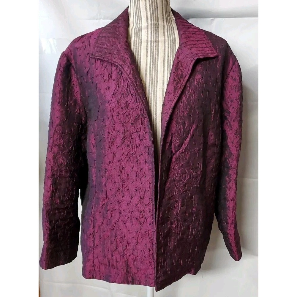 Chico's Sz 3 Jacket Open Front Shiny Purple Evening Lightweight Textured